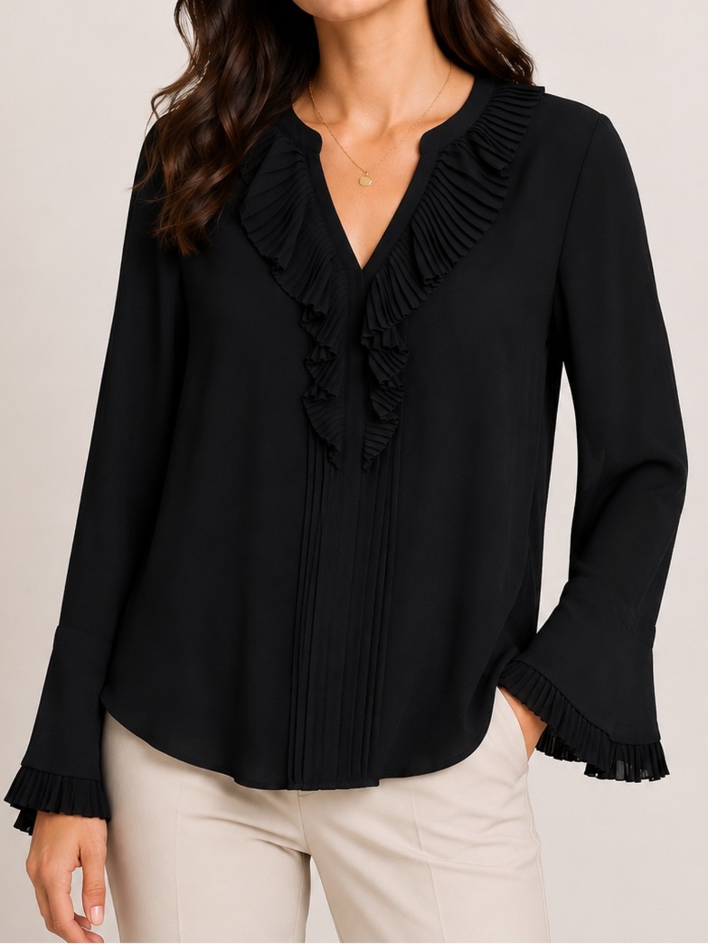 Ann Taylor Black Pleated Ruffle Blouse XL Sheer Bell Sleeve Career Top